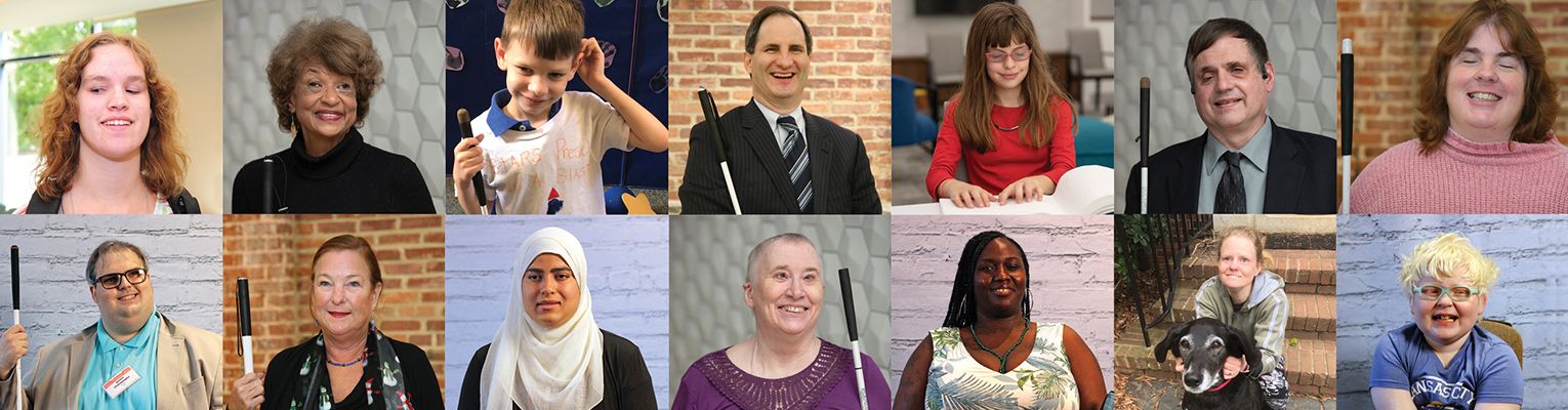 A collage of fourteen blind adults and children portraits. Each person smiles and are are various skin tones, ages, with white canes, a guide dog user, person with hijab head covering, and child reading Braille.