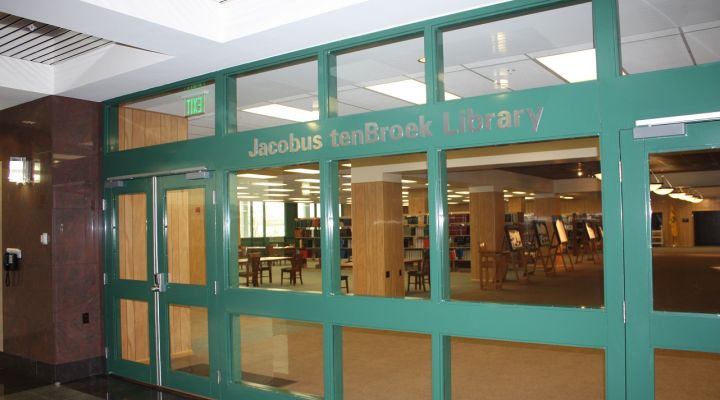 Exterior doors to the Jacobus tenBroek Library.
