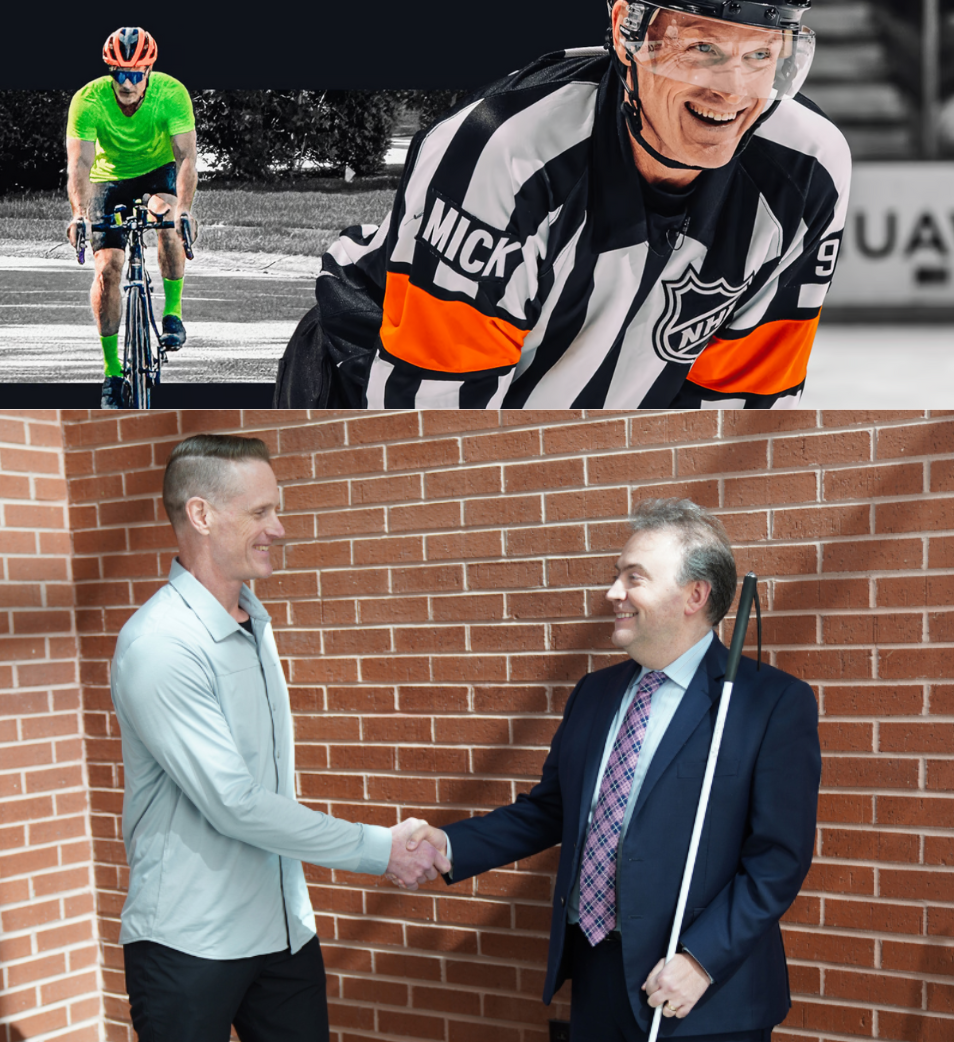 Collage, Dan rides a bike, Dan in NHL ref gear, Dan shakes hands with President Riccobono