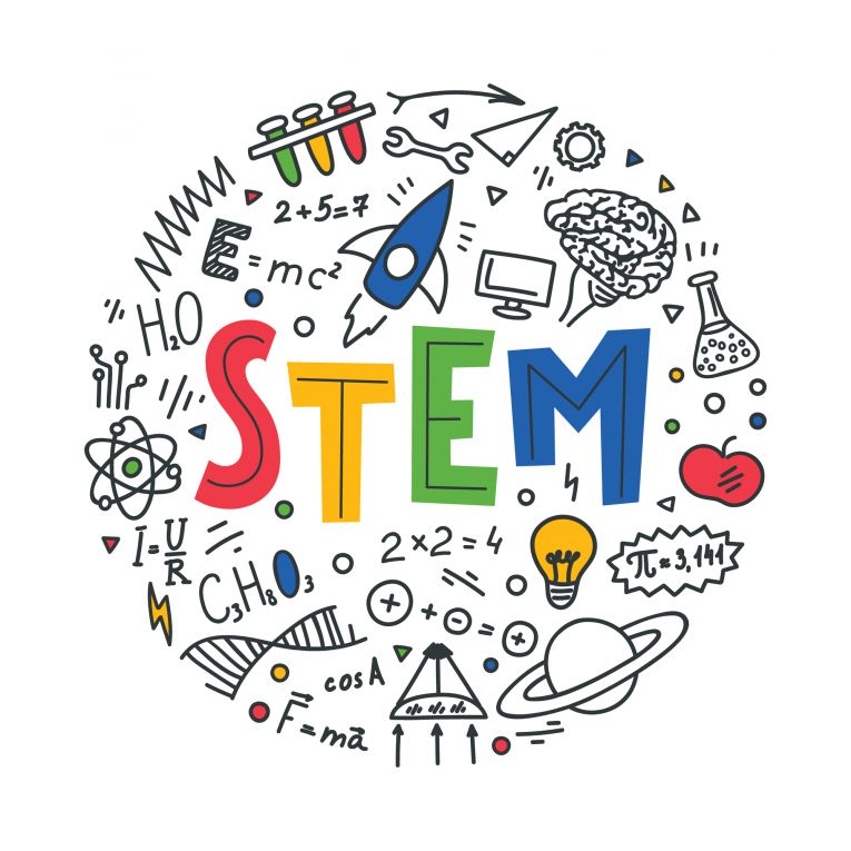 The word "STEM" appears over several math and engineering-related doodles.