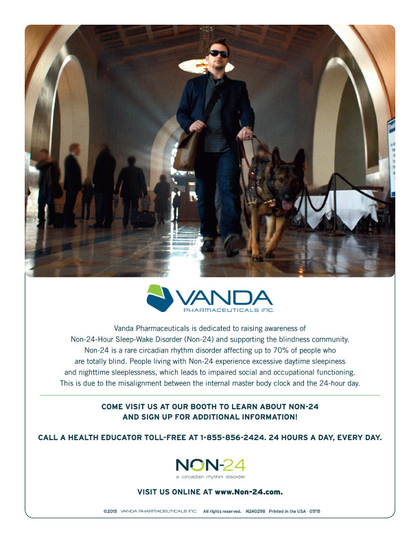 Non-24 and Vanda Pharmaceuticals logos and a of a blind man using his guide dog