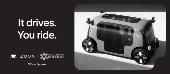 Zoox logo and National Federation of the Blind logo; a Zoox vehicle