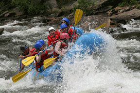 Louisiana Center for the Blind students and staff enjoy whitewater rafting on the Ocoee River in Tennessee. Pictured here are, on the left side of the raft, (front to back), Lyndon Dunbar, Pam Allen, and Jewel Ardoin; on the right side of raft (front to back) Deja Rolfe, Angela Grafton, and Jeff Pearcy.