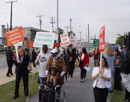 October 3, 2007 Federationists from across Maryland and surrounding states gathered outside the Maryland Department of the Environment in downtown Baltimore to conduct a protest against the silent menace of hybrid cars, which, as now equipped, make almost no noise when traveling under electric power.
