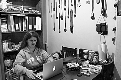 Nihal Erkan, a blind woman who moved to New York from Turkey in 2005, on her Apple laptop. Photograph: Saabira Chaudhuri, The Guardian