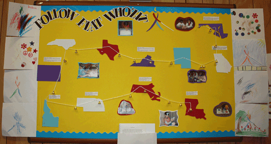 This Whozit-color (red, purple, blue, white, and yellow) themed board is flanked by pictures created by students in the various NFB BELL Programs after reading the story of Flat Whozit.
