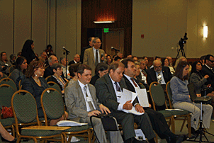 Attendees of the 2012 Jacobus tenBroek Disability Law Symposium interested in civil rights for the disabled listen attentively as authorities in the field address equality of opportunity for the disabled.