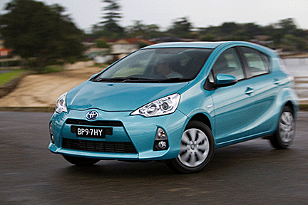 The 2012 Toyota Prius, the first model year to make an electronic whirring sound automatically when traveling at speeds below fifteen mph as a standard feature.