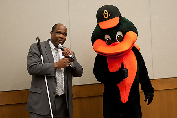 Anil Lewis introduces the Baltimore Oriole Mascot