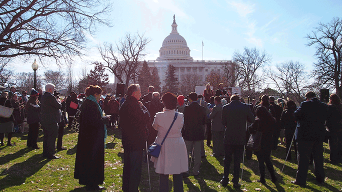 A crowd gathered to listen to the student rally to support the passage of the AIM HE Act.