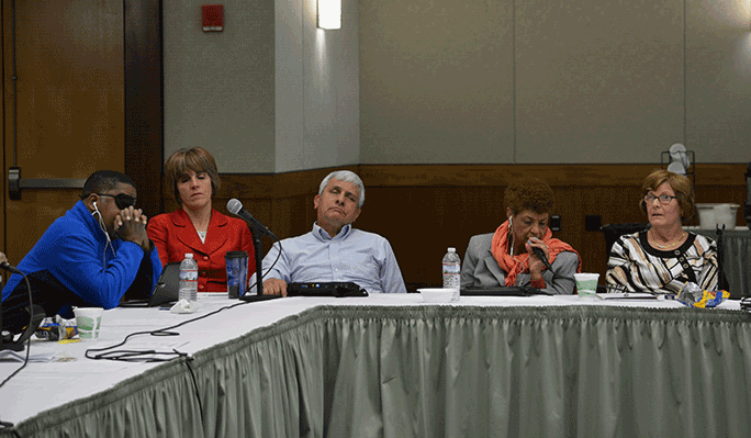 Donald Porterfield (AZ), Pam Allen (LA), Adelmo Vigil (NM), and Cathy Jackson (KY) consider Ever Lee Hairston&rsquo;s (CA) words.