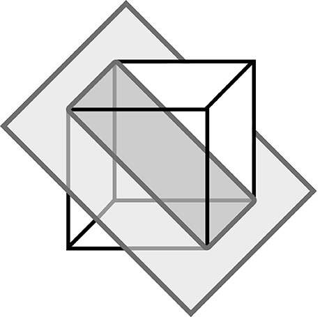 A drawing of a cube bisected at a forty-five-degree angle by a flat plane.