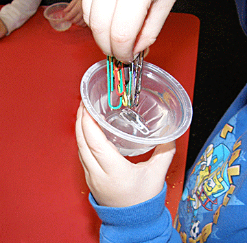 A child drops large paper clips into a glass of water.