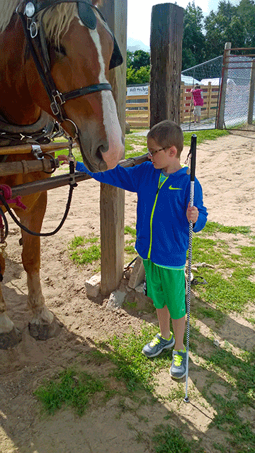 His cane in one hand, Aron Dare pets a horse.